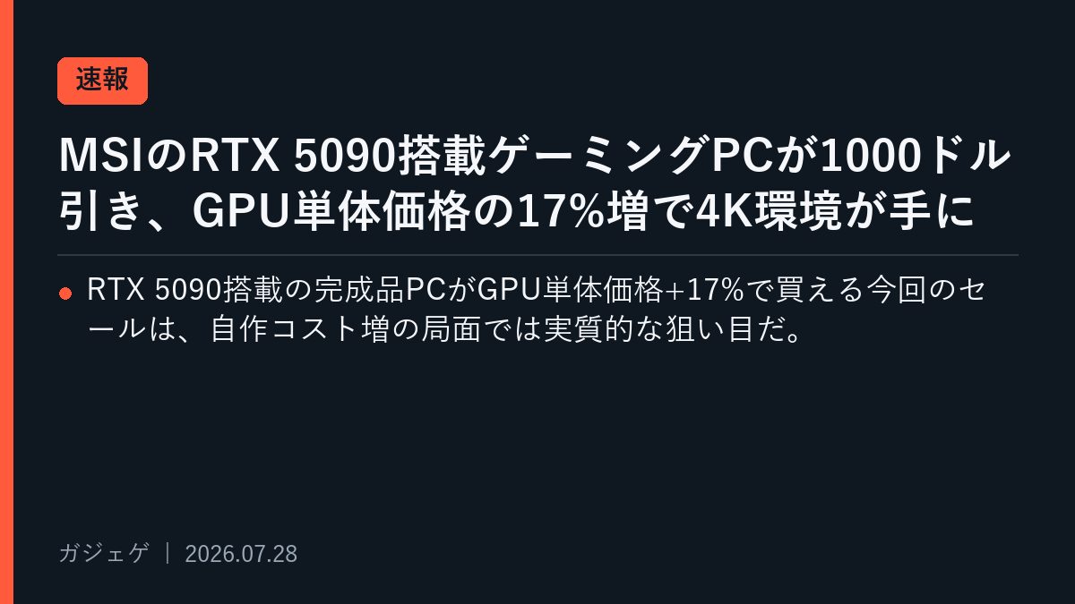 MSIのRTX 5090搭載ゲーミングPCが1000ドル引き、GPU単体価格の17%増で4K環境が手に入る狙い目構成